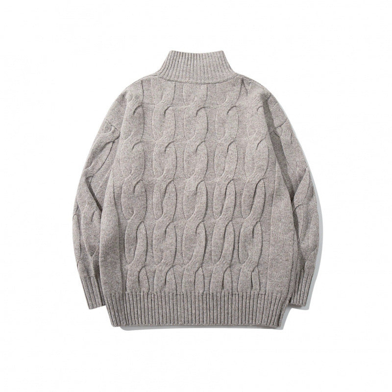 Unisex Chunky Knit Zip-up Cardigan with Cable Pattern and High Ribbed Collar Chichicherry