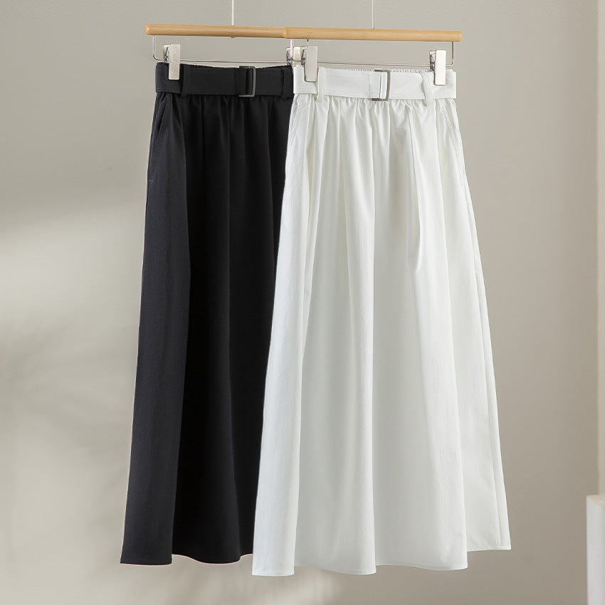Women's Mid-length A-line Skirt with High Waist, Pleats and Waist Belt Chichicherry