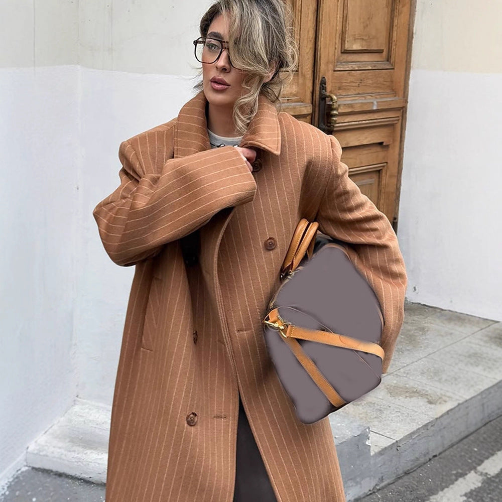 Women Double-Breasted Oversized Wool Blend Coat with Pinstripes and Loose Fit Chichicherry