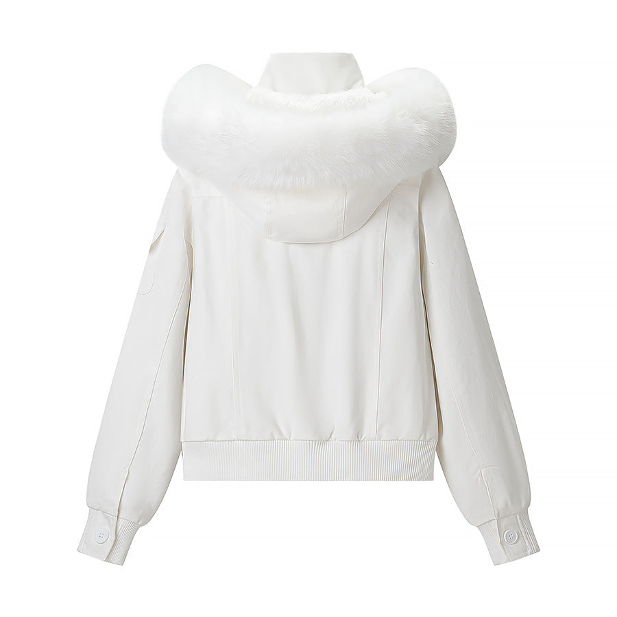 Women's short jacket with padded lining, hood with faux fur trim and ribbed hem Chichicherry
