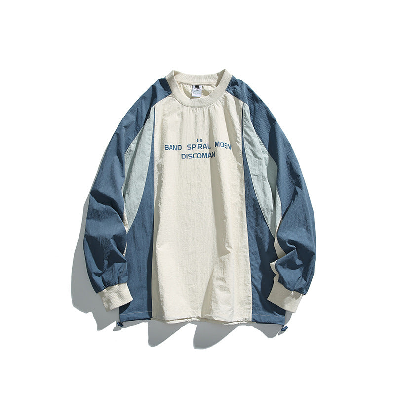 Unisex Loose Fit Colorblock Long Sleeve Shirt made of Lightweight Nylon Blend with Raglan Sleeves and Chest Print Chichicherry