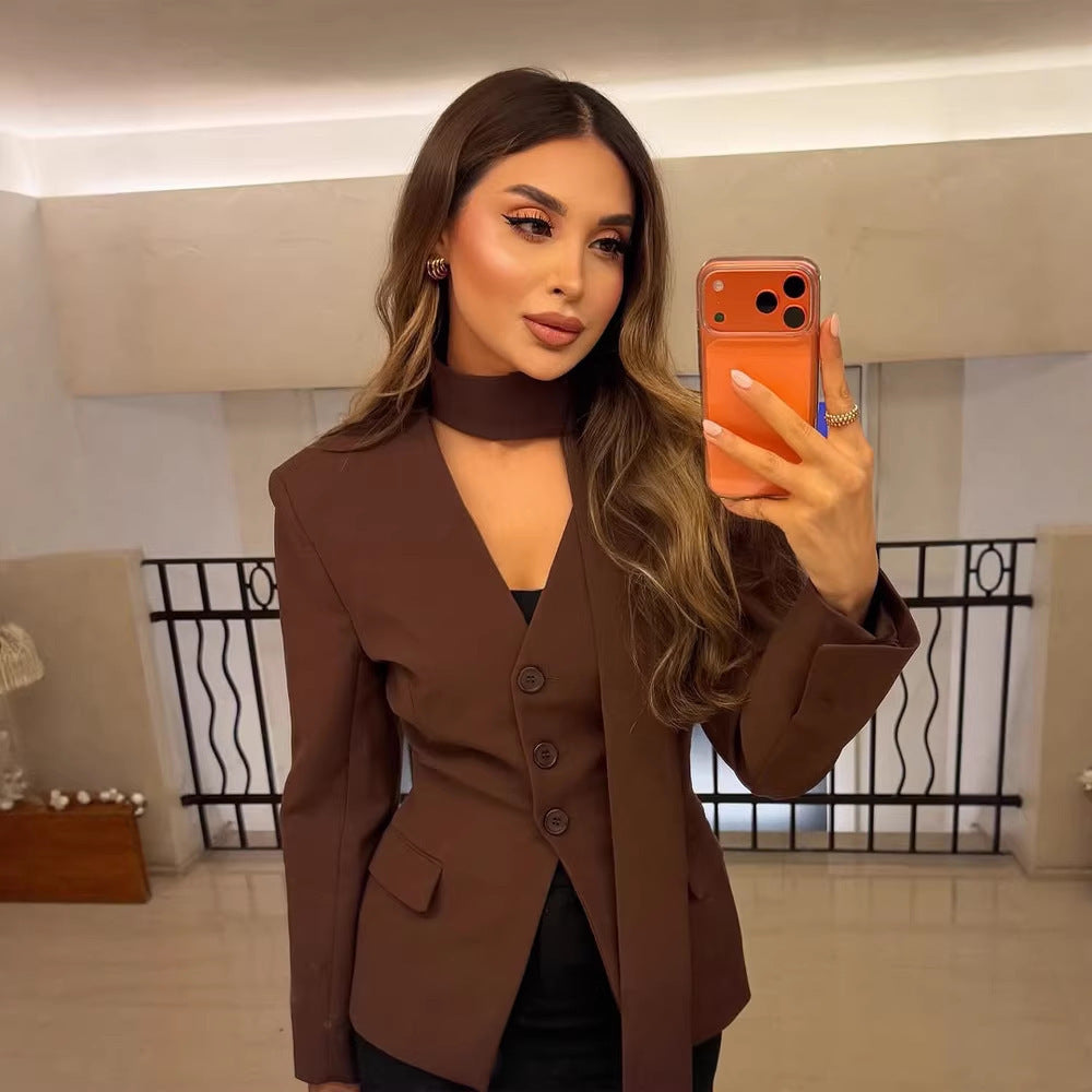 Women's Tailored Blazer with Shawl Collar Band, Triple Button Placket and Flap Pockets Chichicherry
