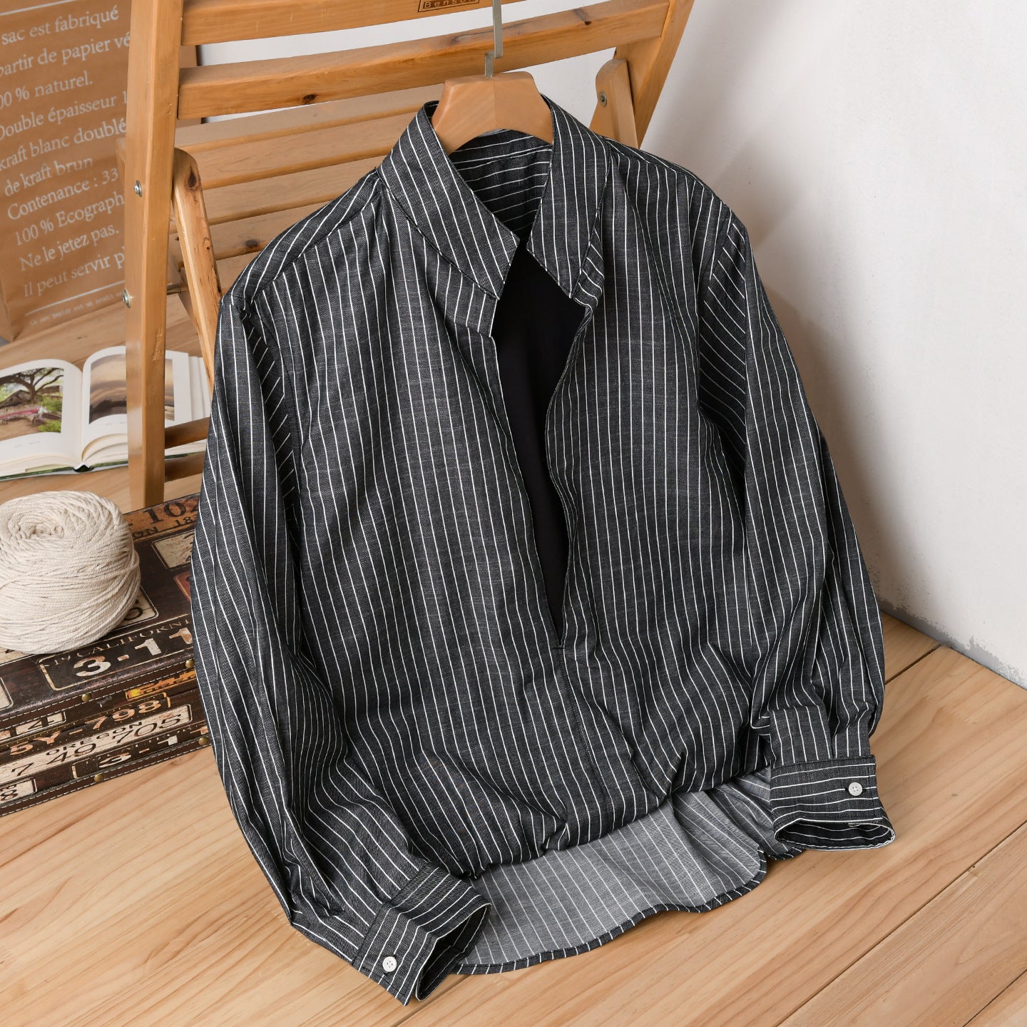 Men Striped Oversized Shirt with Kent Collar and Concealed Button Placket Chichicherry