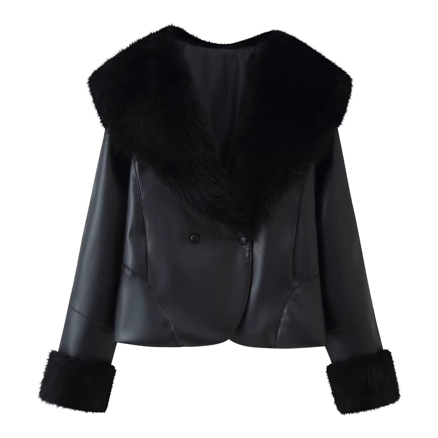 Women's short jacket made of synthetic leather with voluminous faux fur collar and fur cuffs Chichicherry