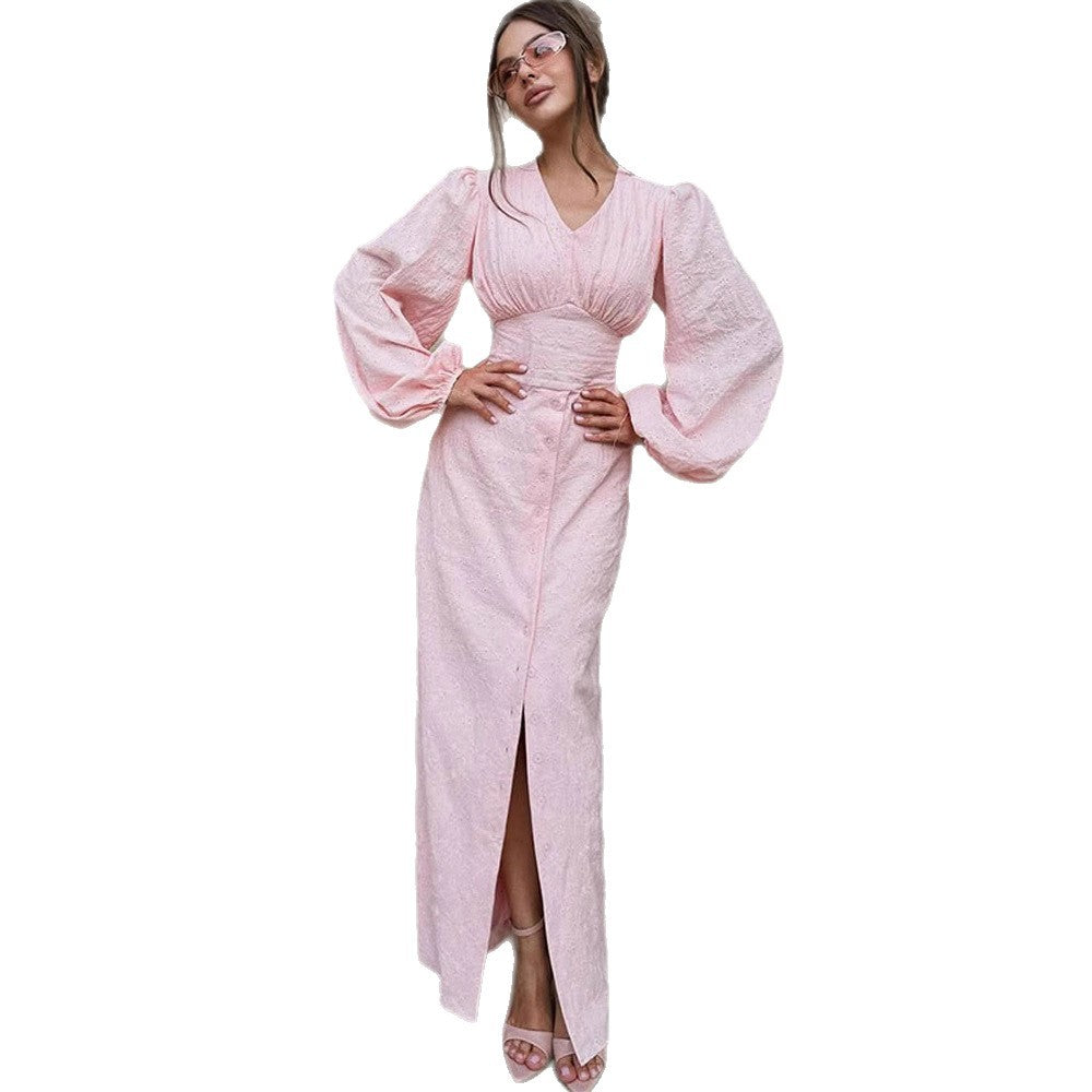 Ladies maxi dress with puff sleeves, fitted bodice and front button placket Chichicherry