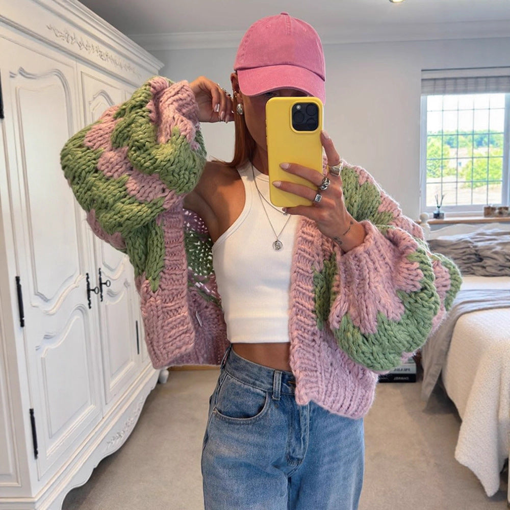 Women's Chunky Knit Cropped Cardigan with Voluminous Balloon Sleeves and Crochet Patch Details Chichicherry