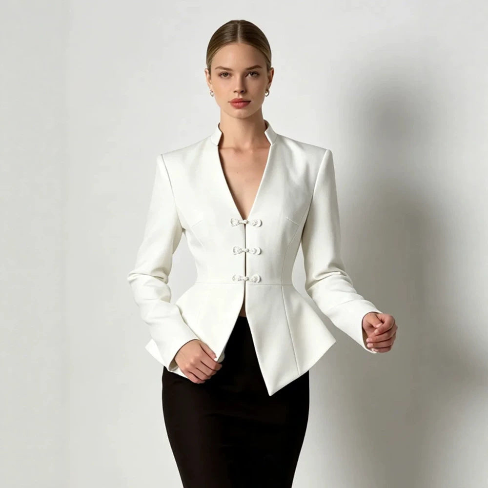 Women's Tailored Peplum Blazer with Mandarin Collar and Decorative Knot Fastenings Chichicherry