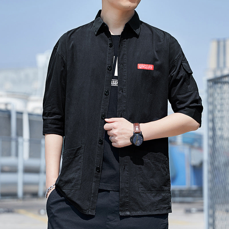 Men's overshirt jacket in lightweight canvas look with patch front pockets and cropped sleeves Chichicherry