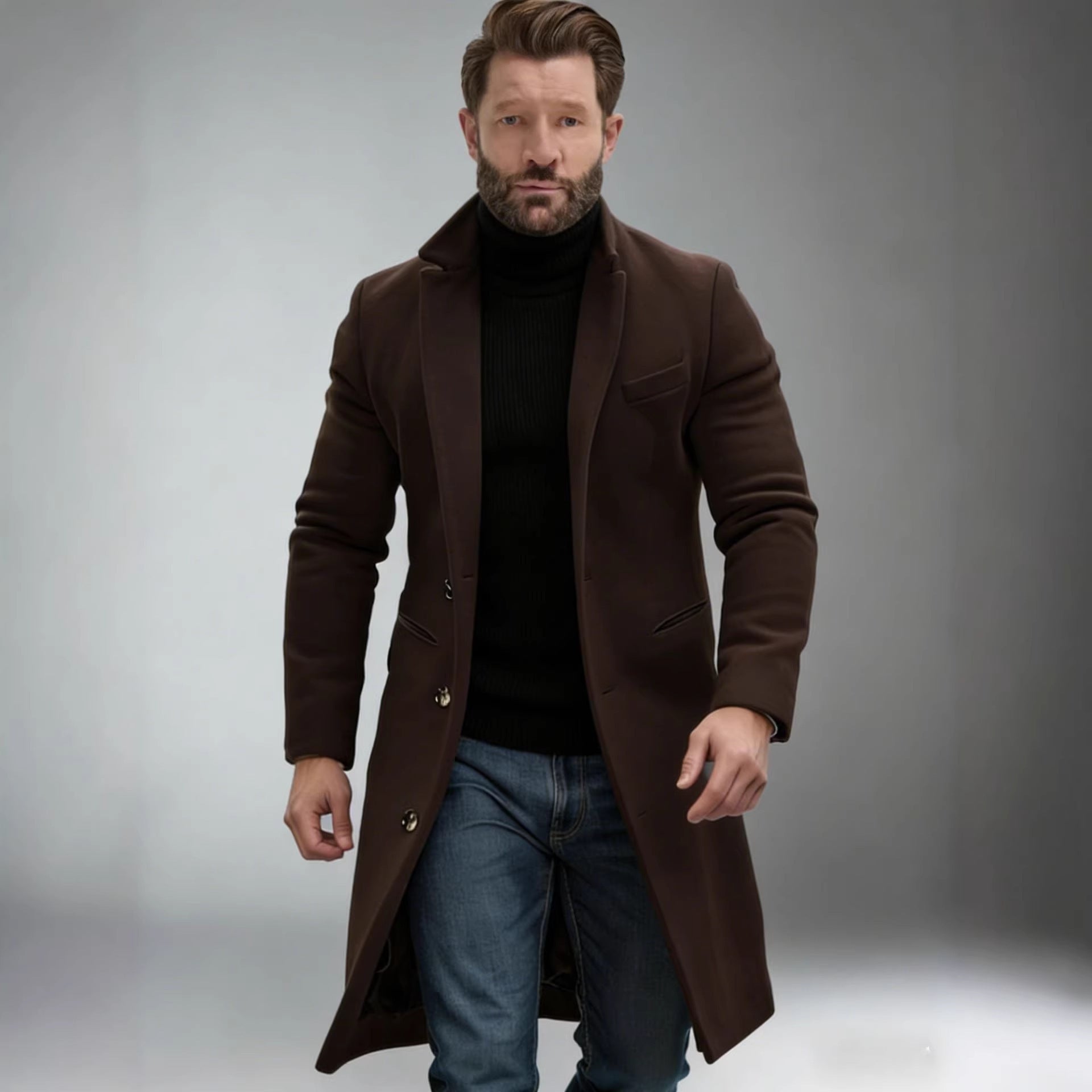 Men's Elegant Single-Breasted Long Coat Made of Wool Blend with Slim Silhouette and Lapel Collar Chichicherry