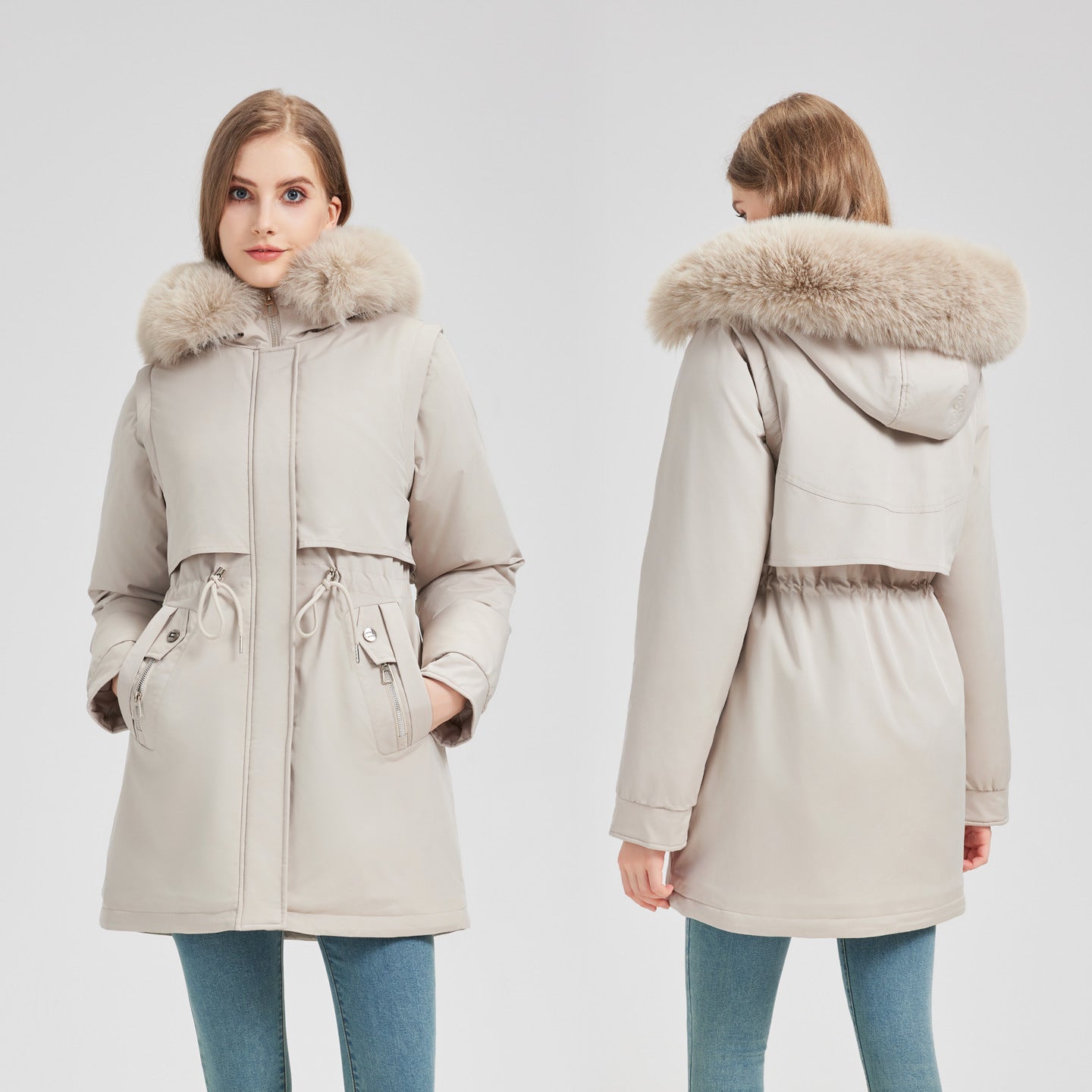 Women's tailored functional parka with asymmetrical front flap, adjustable drawstring, and wind-resistant stand-up collar Chichicherry