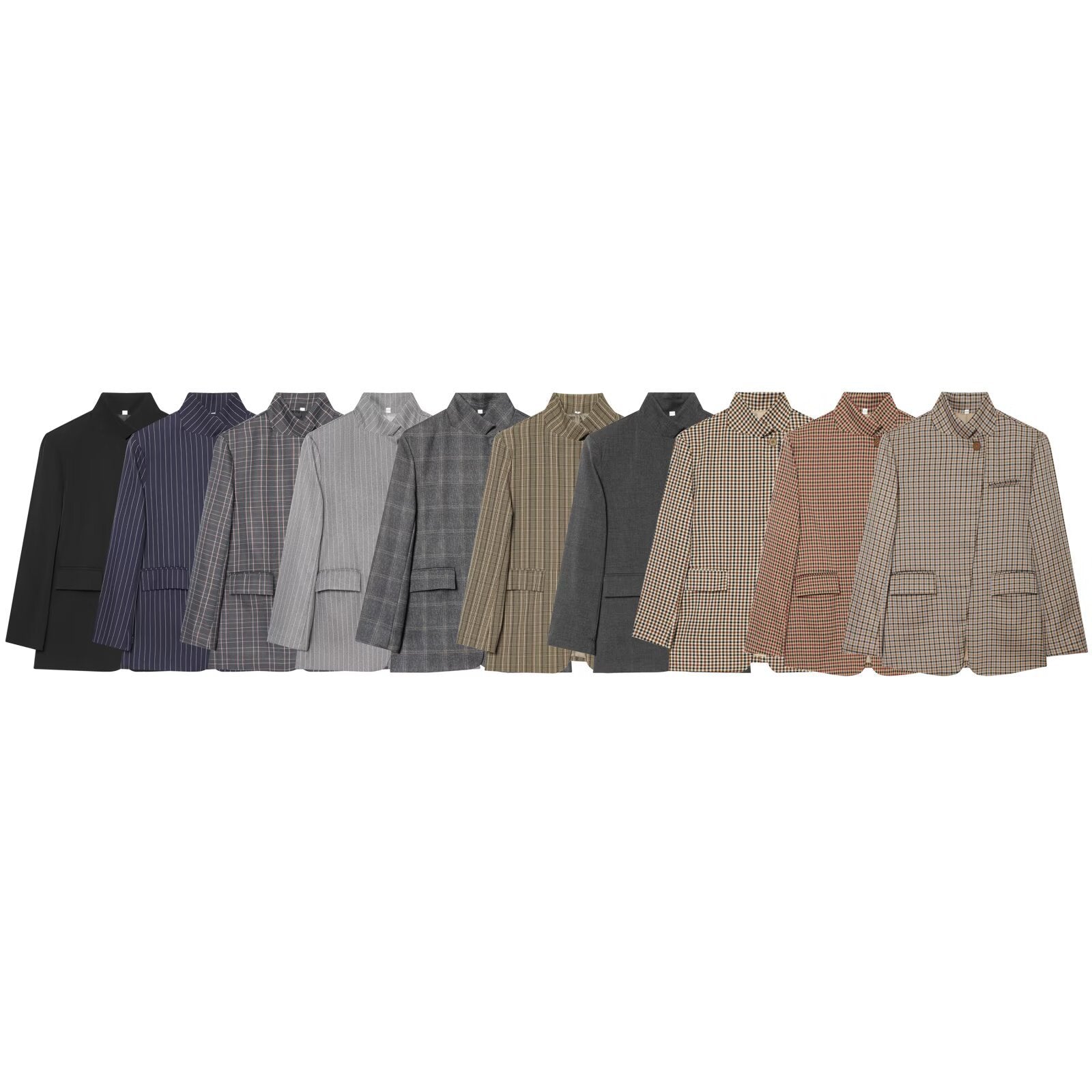Women Checked Long Blazer with Stand Collar, Concealed Button Placket and Flap Pockets Chichicherry