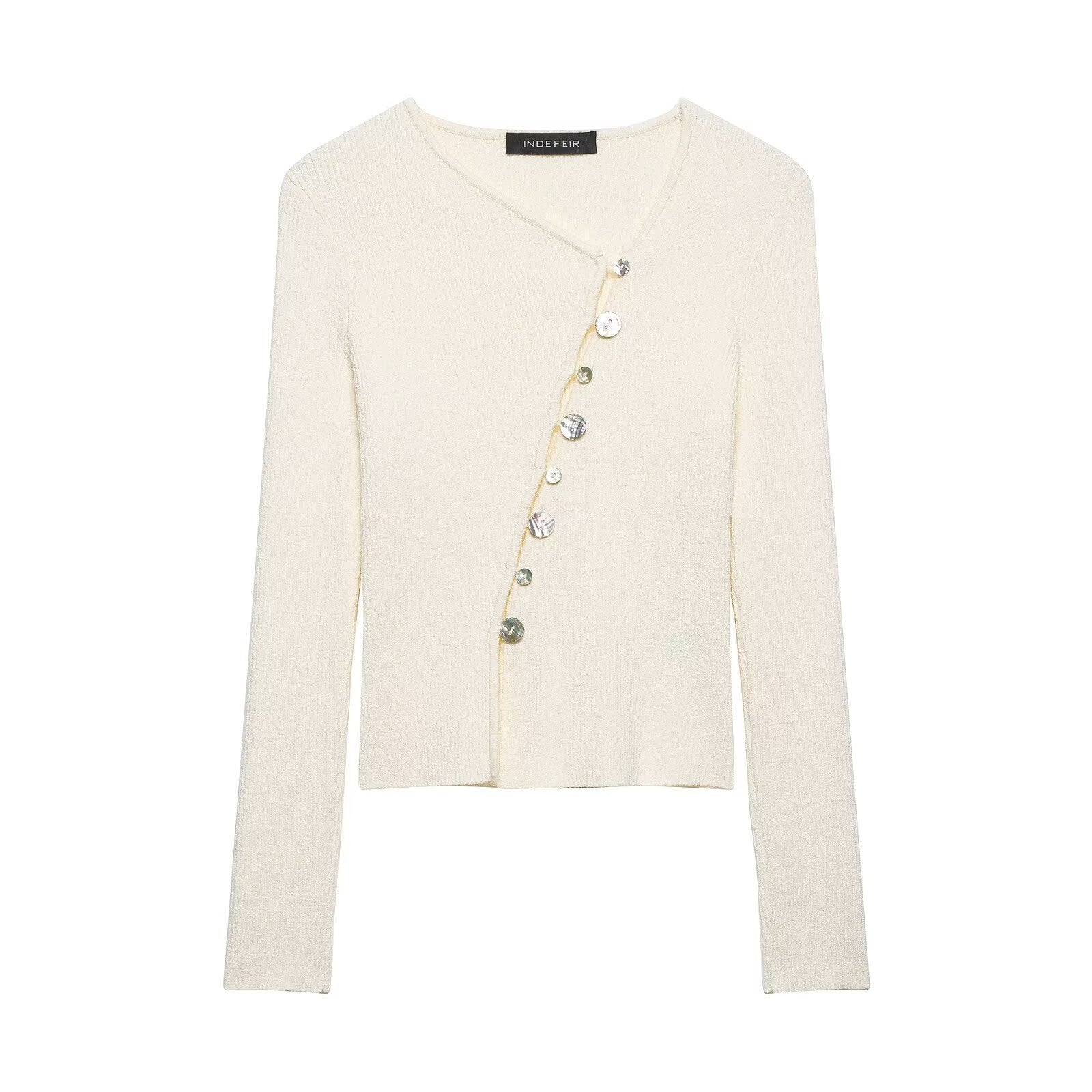 Women Asymmetrical Boucle Cardigan with V-Neck and Decorative Button Placket Chichicherry