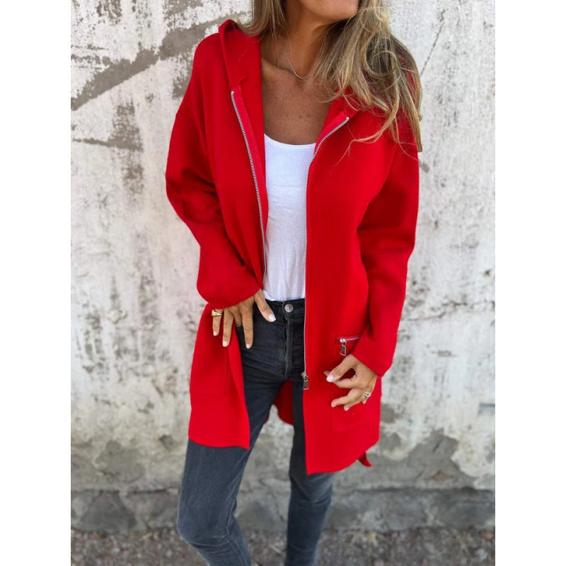 Women's Mid-Length Coat with Full Zipper and Zipper Pocket Details Chichicherry