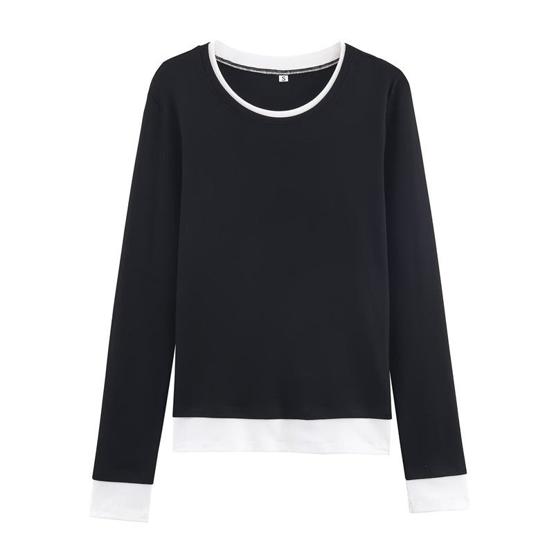 Women's long-sleeve shirt in layered look with contrast cuffs and round neckline Chichicherry