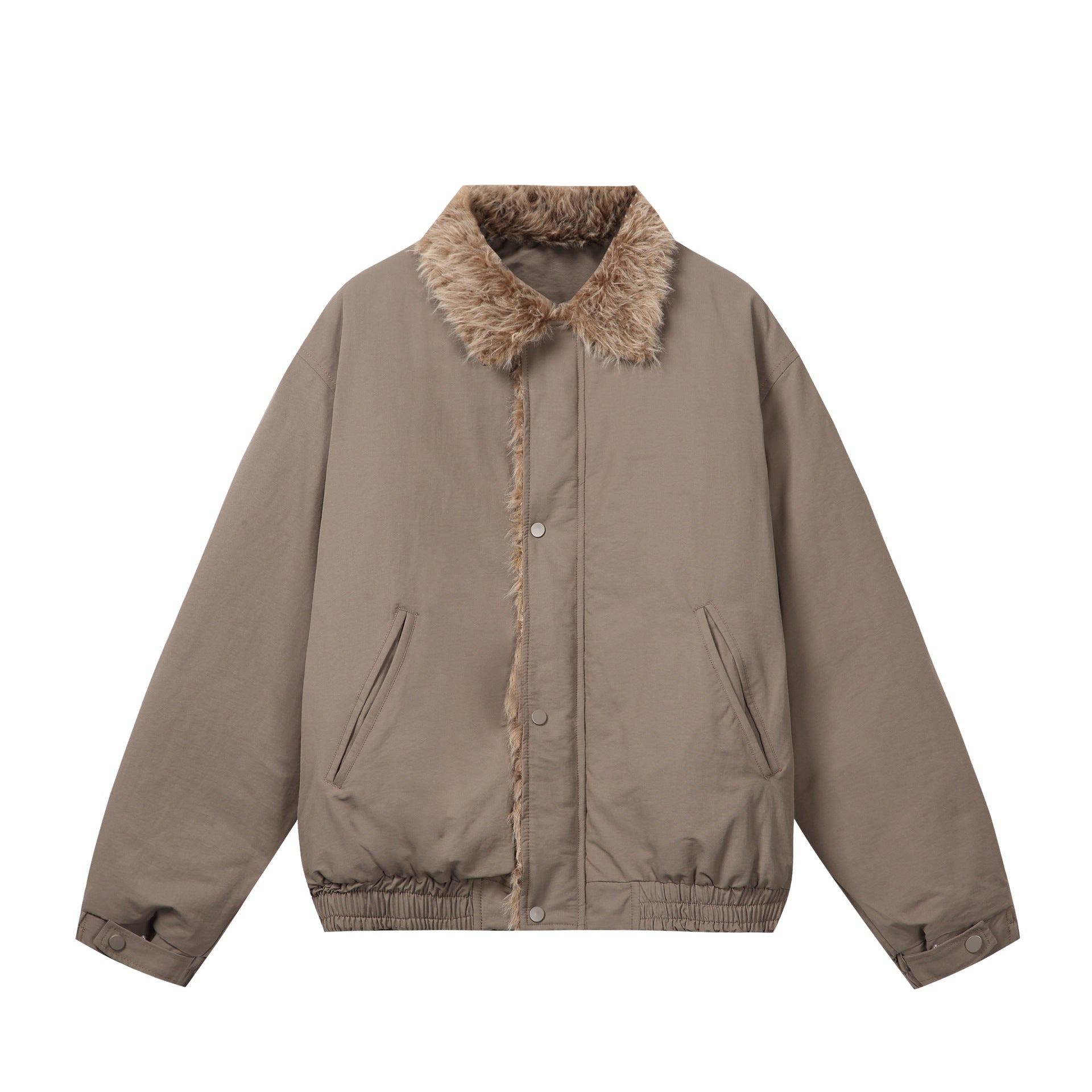 Women's Minimalist Thermo Blouson Jacket with Faux Fur Shawl Collar and Elastic Tunnel Drawstring Hem Chichicherry