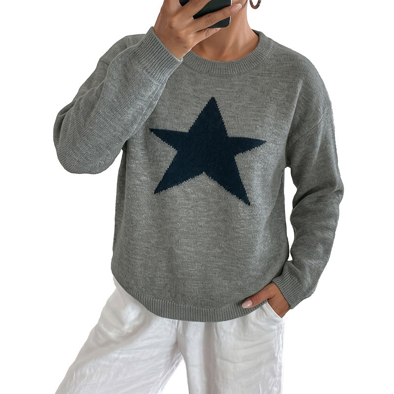 Women Relaxed Knit Sweater with Star Intarsia, Round Neckline & Casual Fit Chichicherry