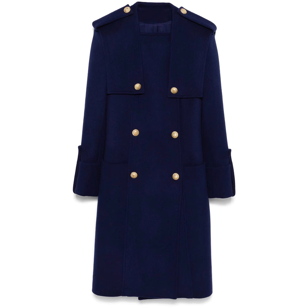 Women's Double-Breasted Coat with Cape Insert, Epaulettes and Decorative Straps Chichicherry