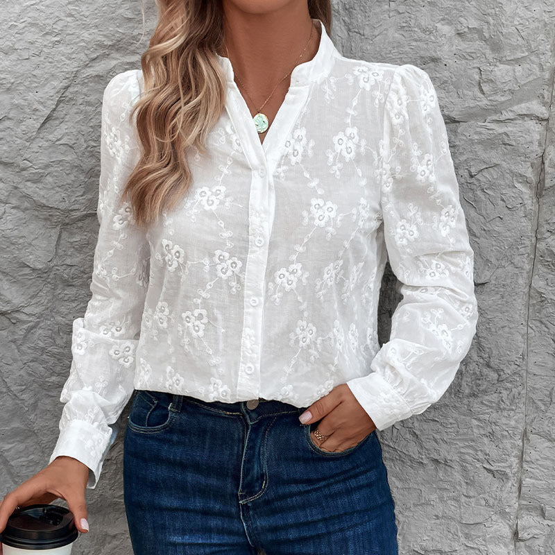 Women's lightweight embroidered voile blouse with stand-up collar and full button placket Chichicherry