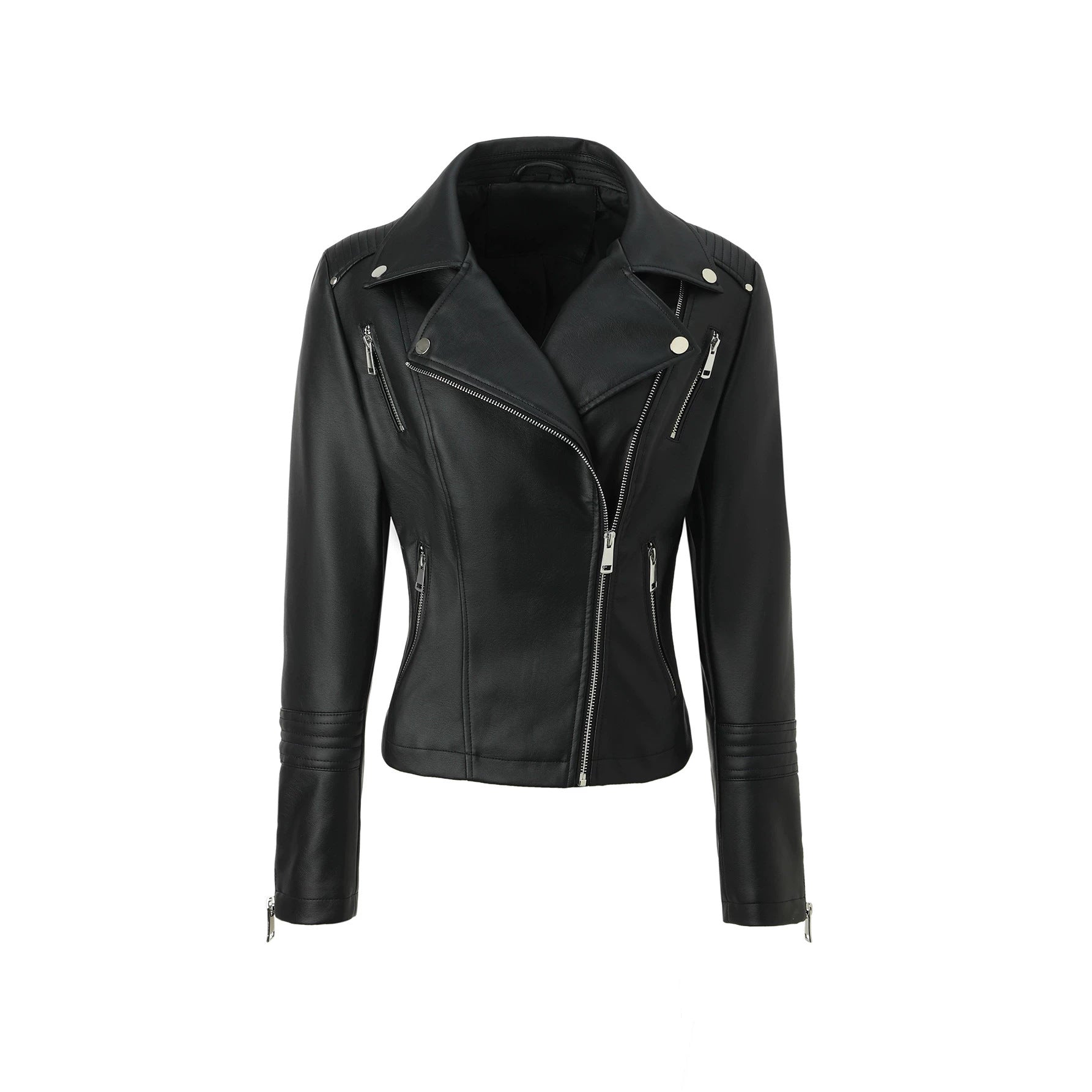 Women's Fitted Biker Jacket made of soft faux leather with quilted shoulder and sleeve section Chichicherry