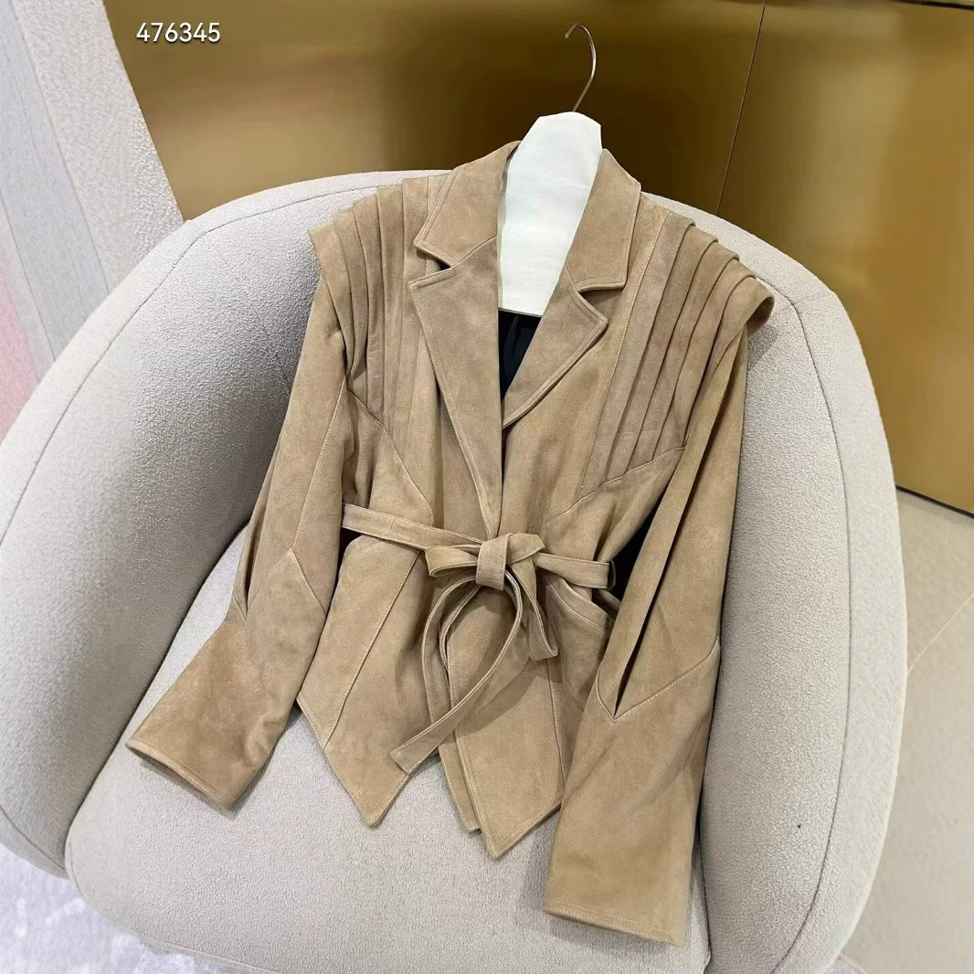 Women's Tailored Wrap Jacket in Suede Look with Shoulder Pleats and Tie Belt Chichicherry
