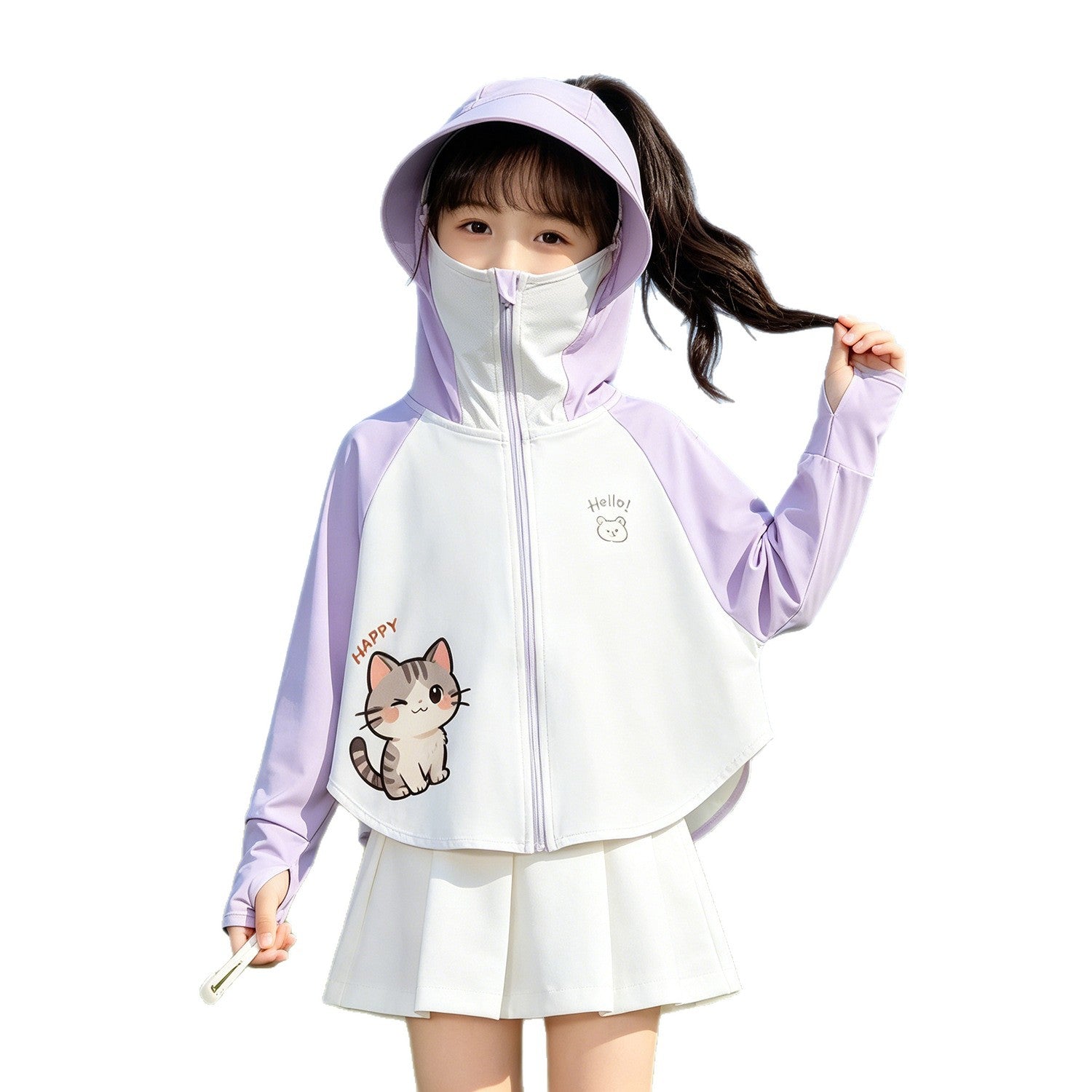 Unisex nan UV protection hoodie jacket with sun shield and integrated face mask for children Chichicherry