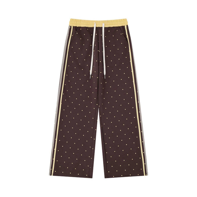 Women's Wide Relaxed Lounge Pants in Palazzo Cut with Comfort Waistband, Drawstring and Side Contrast Stripes Chichicherry