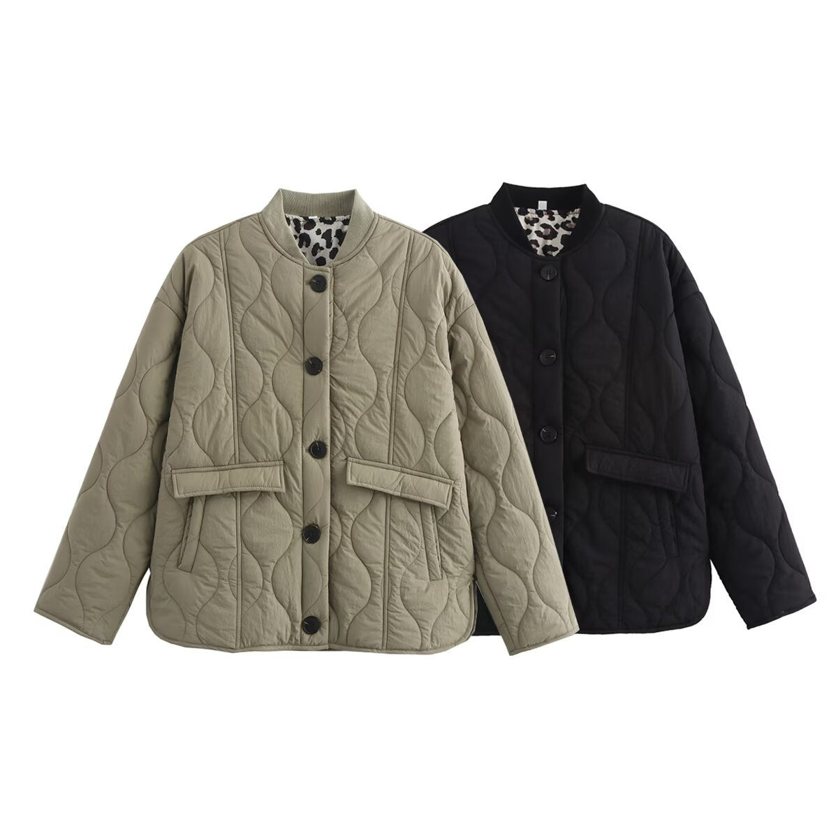 Women's quilted jacket with round neck, flap pockets, and reversible lining Chichicherry