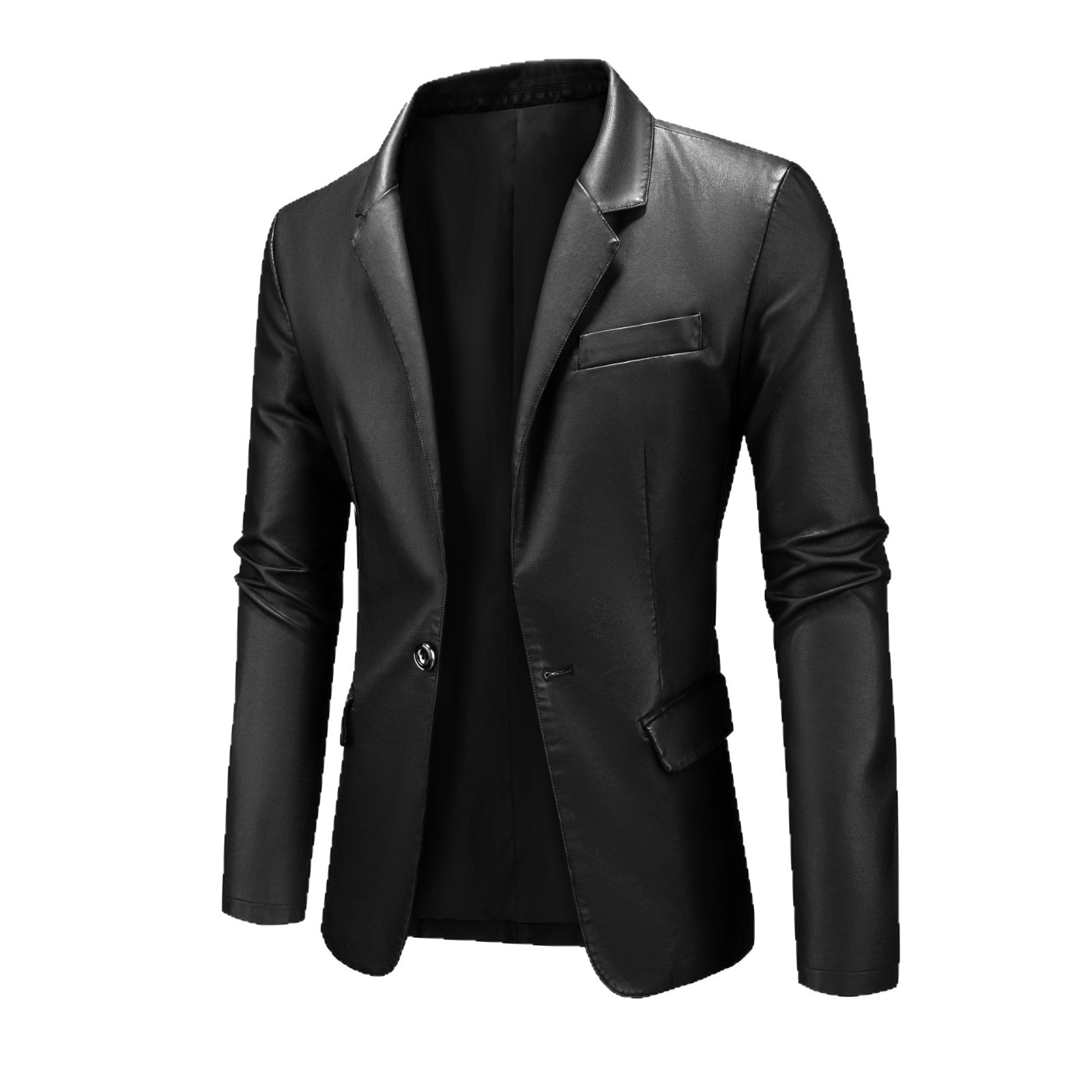 Men's Slim-Fit Leather Blazer with One-Button, Classic Lapel and Flap Pockets Chichicherry
