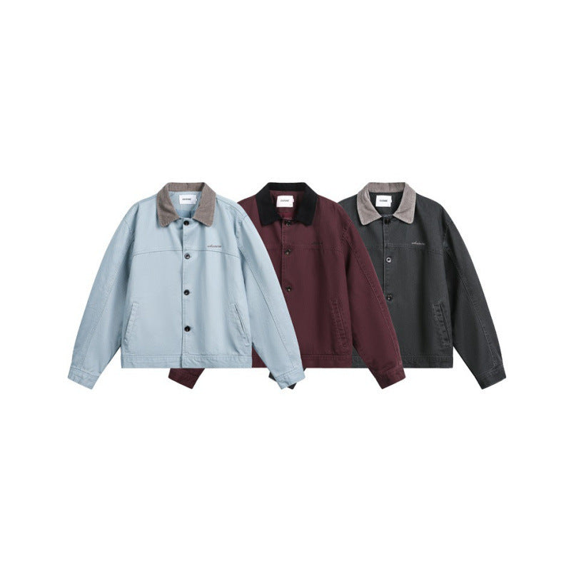 Men's Boxy Canvas Jacket with Cord Collar and Concealed Button Placket Chichicherry