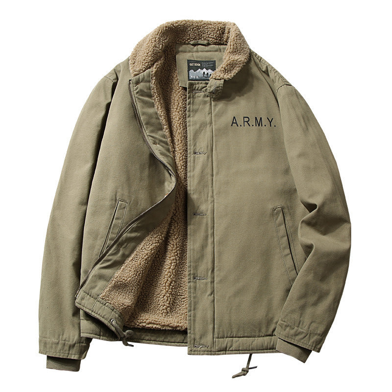 Men's vintage-inspired canvas bomber jacket with voluminous Sherpa lining, dual front opening, and reinforced pockets Chichicherry