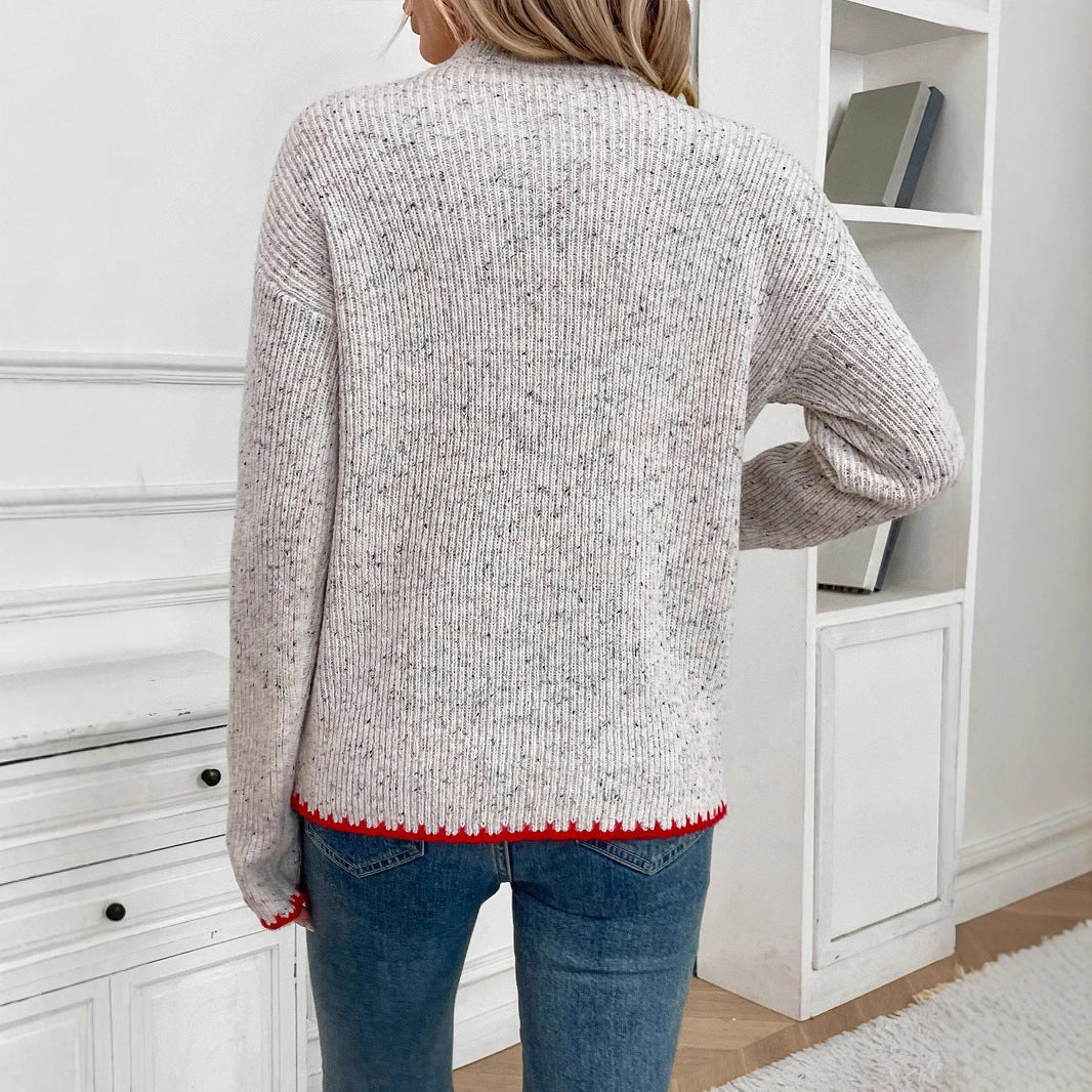 Women's Ribbed Fine Knit Sweater with Heart Application and Contrasting Hem Edge Chichicherry