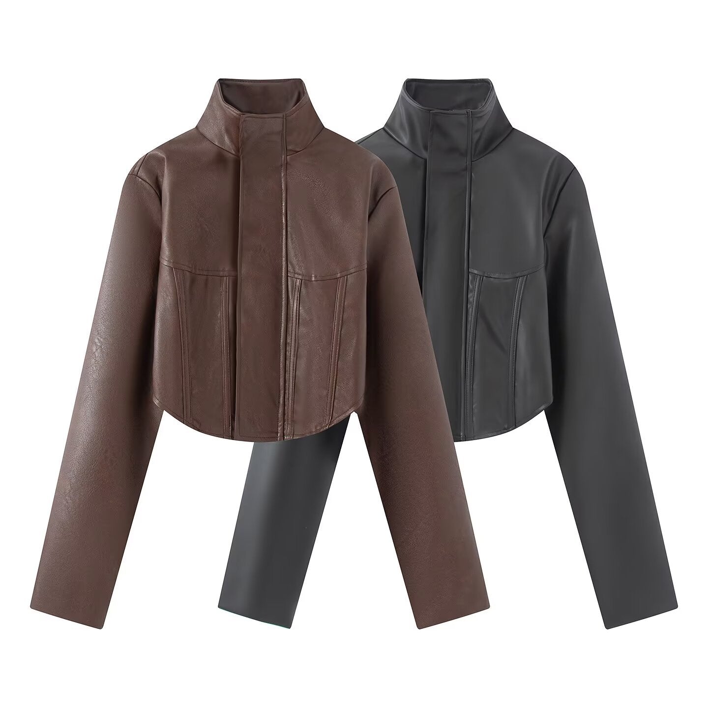 Ladies Cropped Leather-look Jacket with Tailored Corset Division and Standing Collar Chichicherry