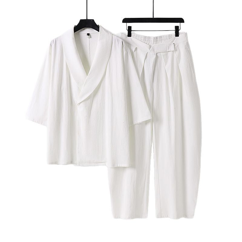Women's Two-Piece Kimono Loungewear Set with Shawl Collar Short Sleeve Top and High-Waisted Pleated Pants Chichicherry