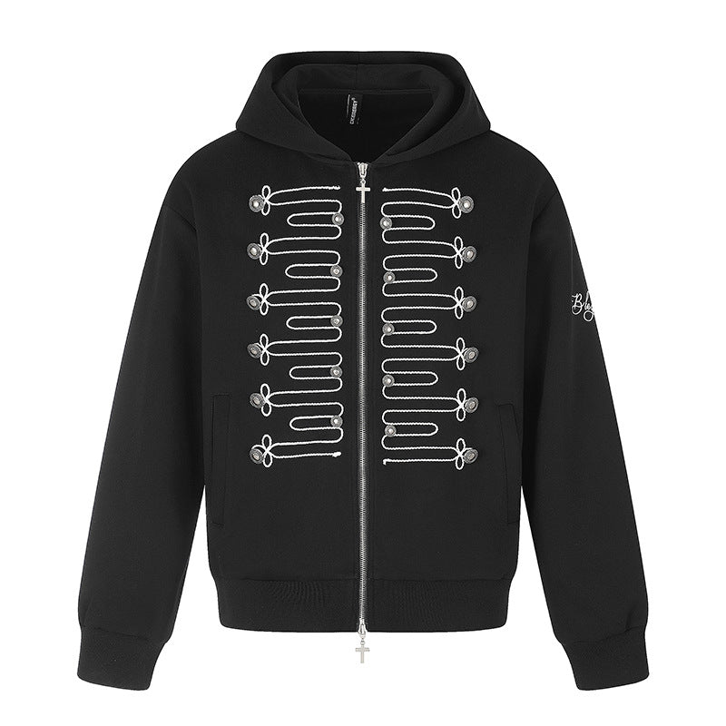 Unisex Zip-Hooded Jacket in Military Style with Decorative Cords and Metal Buttons Chichicherry