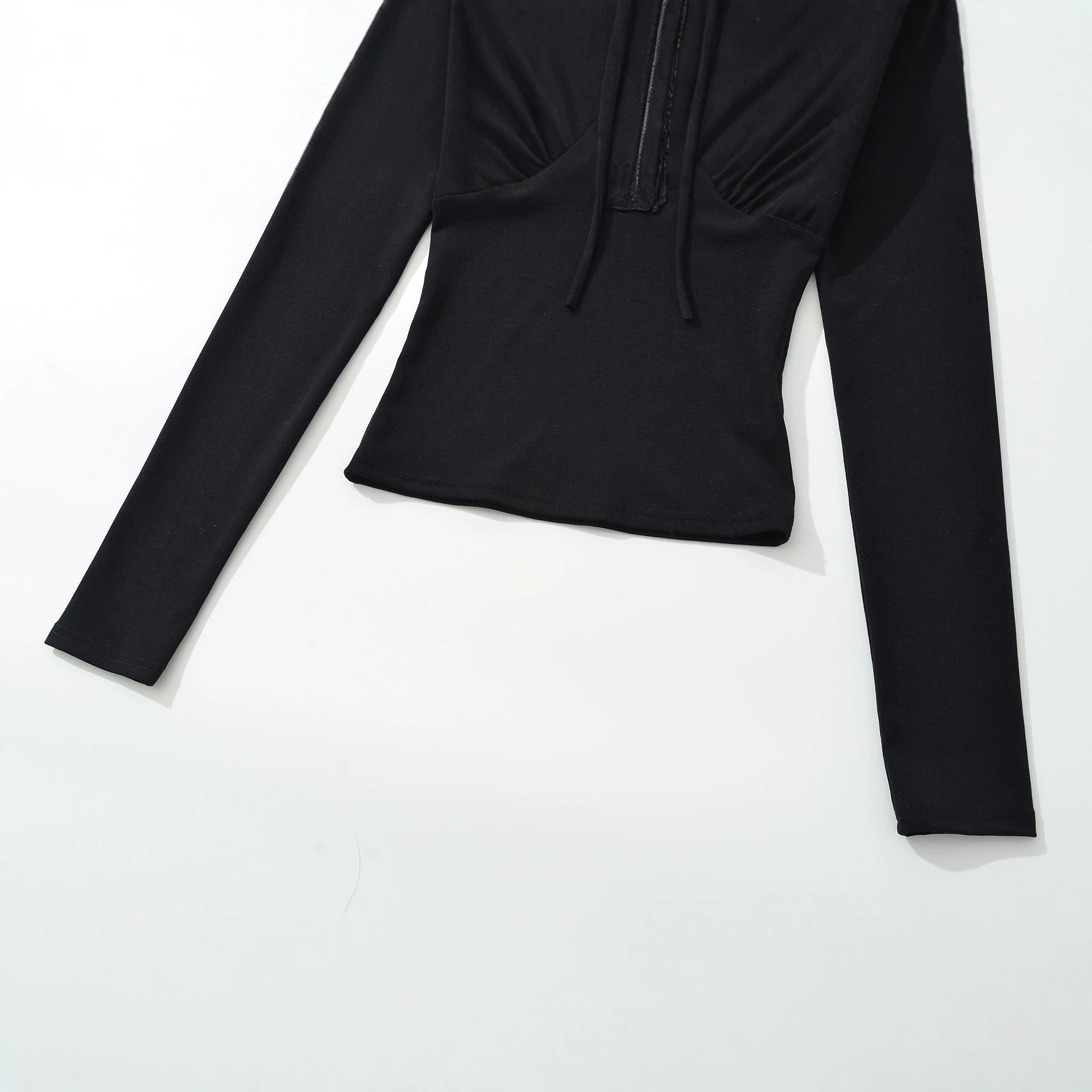 Women's Long Sleeve Shirt with Lace V-Neck and Tie Band Chichicherry
