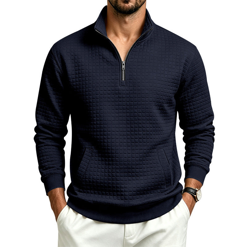 Men's Stand Collar Sweatshirt with Half Zip and Quilted Waffle Texture Chichicherry