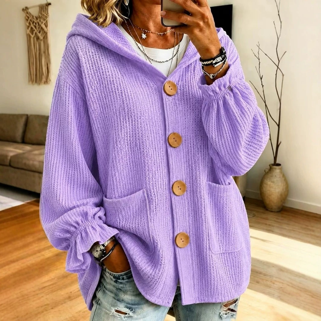 Women's Oversized Hooded Cardigan with Waffle Texture and Wooden Buttons Chichicherry