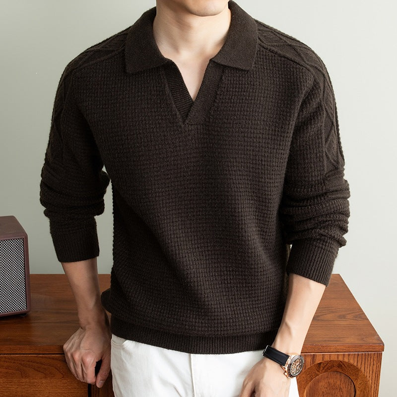 Men's polo sweater with textured waffle knit and cable pattern sleeves Chichicherry