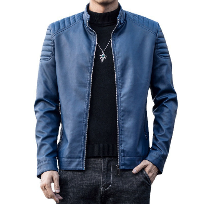 Men's Slim Faux Leather Bomber Jacket with Padded Shoulder Quilting and Stand Collar Chichicherry