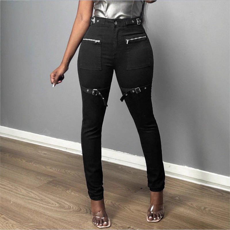 Women High-Waist Skinny Jeans with decorative zippers, patch pockets and belt decor Chichicherry