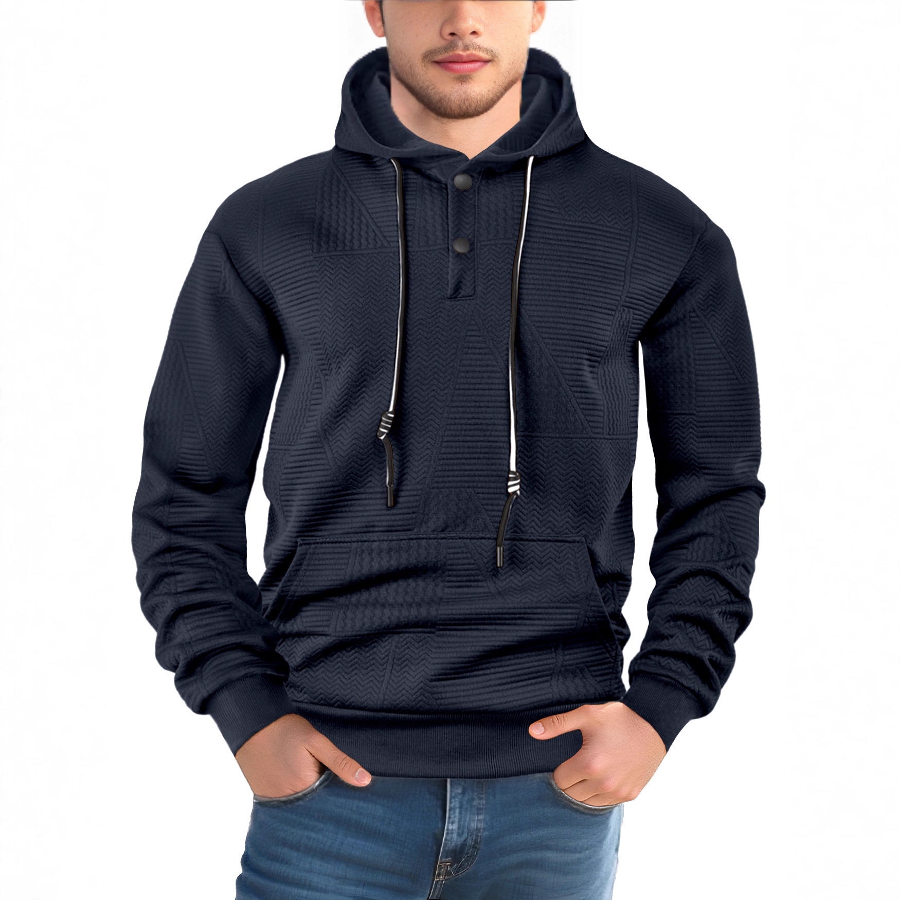 Men's Textured Hoodie with Quilted Patch Structure and Snap Button Placket Chichicherry