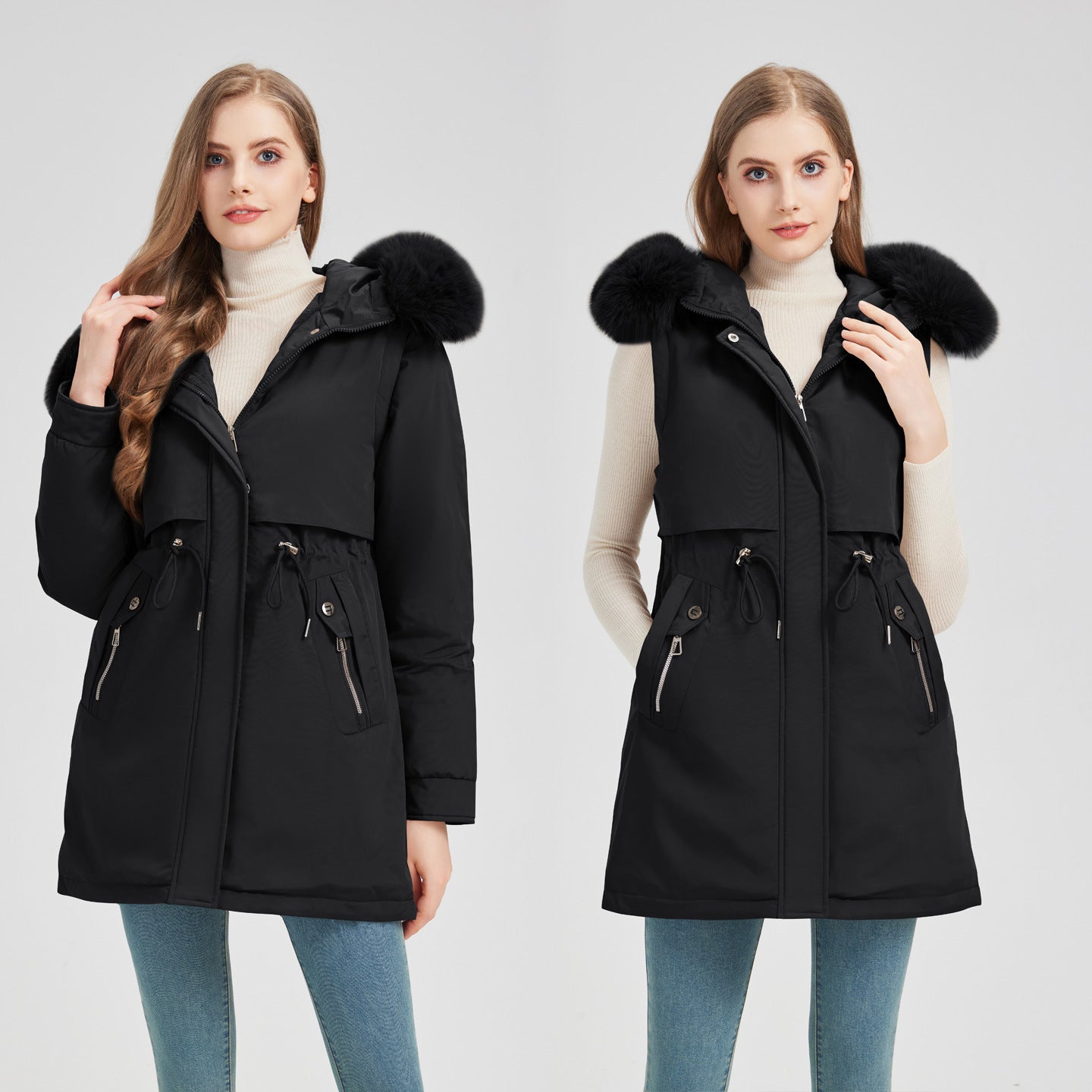 Women's tailored functional parka with asymmetrical front flap, adjustable drawstring, and wind-resistant stand-up collar Chichicherry