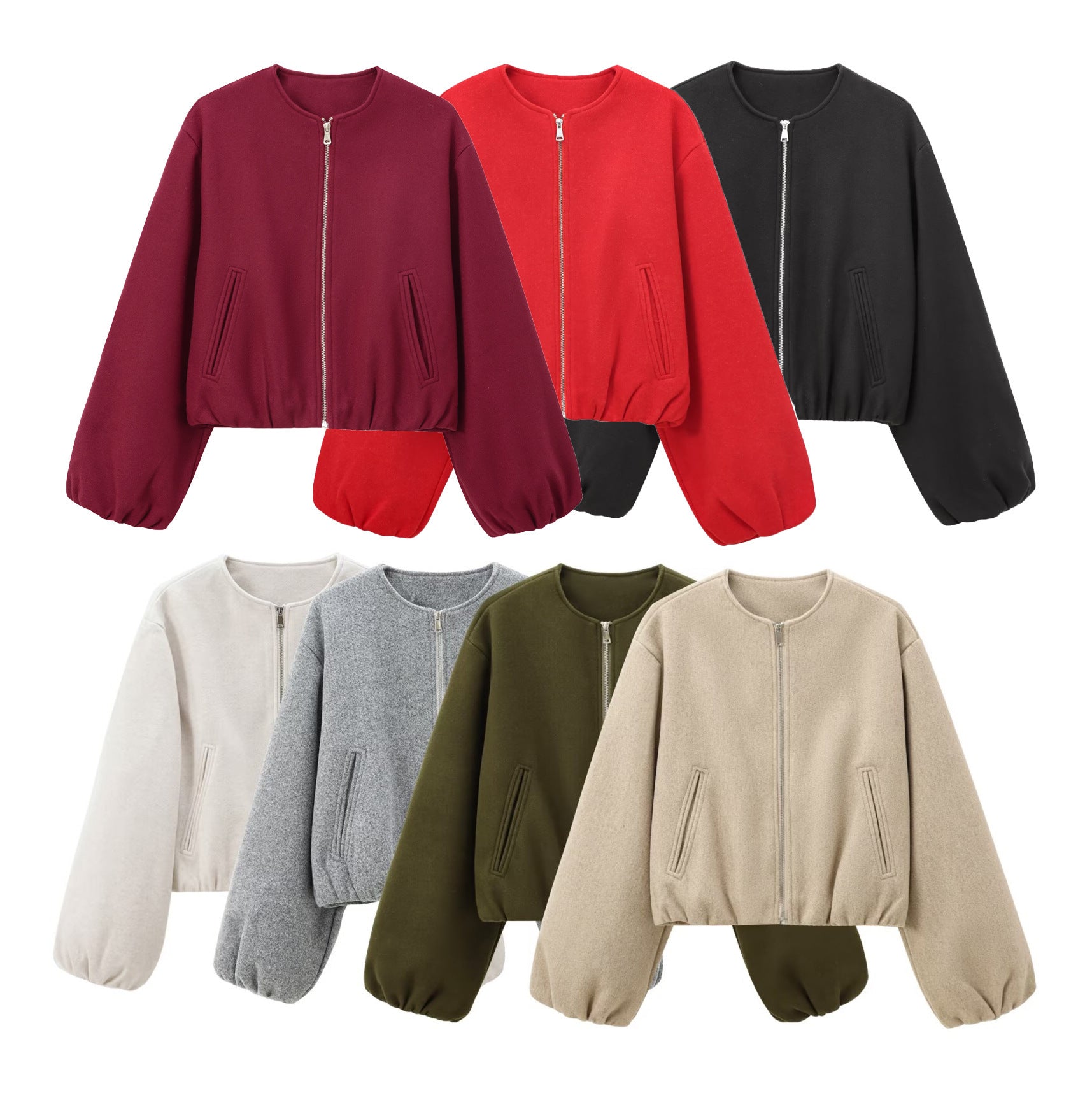 Women Short Wool Blend Bomber with Round Neckline, Zipper and Balloon Sleeves Chichicherry