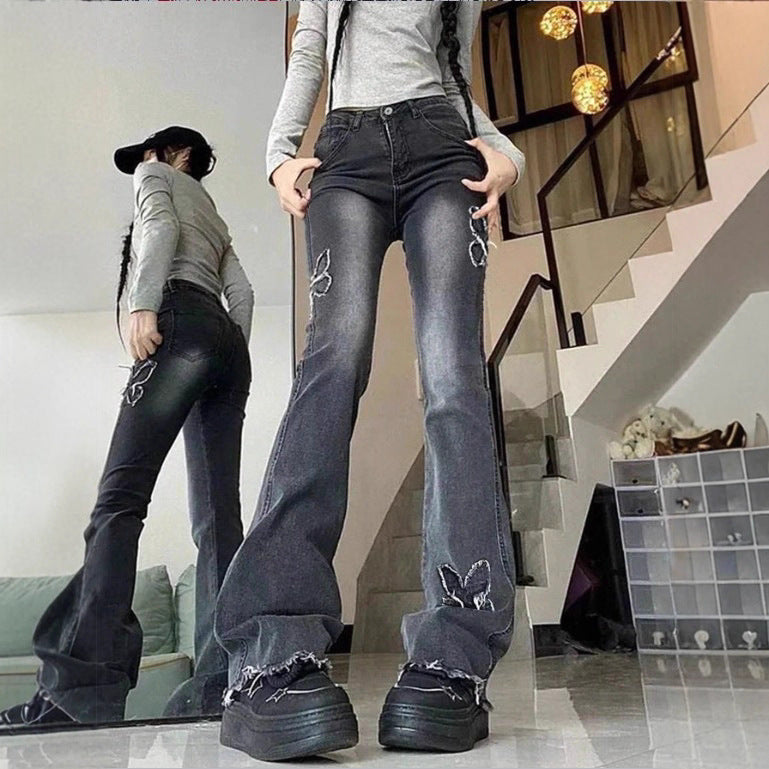 Ladies High-Waisted Flared Jeans with Butterfly Embroidery, Raw Hem and Sculpting Stretch Waistband Chichicherry