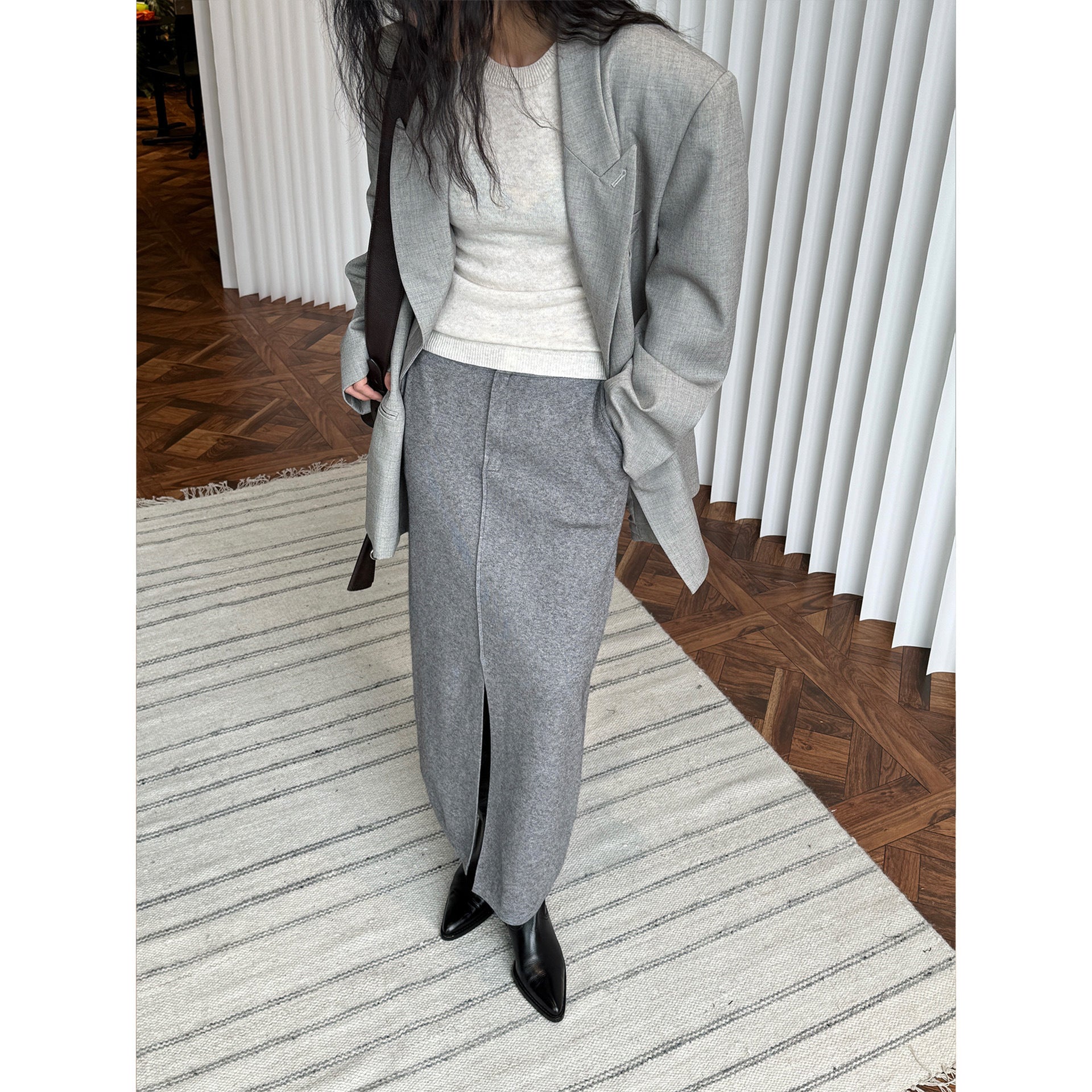 Ladies High-Waisted Knit Midi Skirt with Center Front Slit Chichicherry