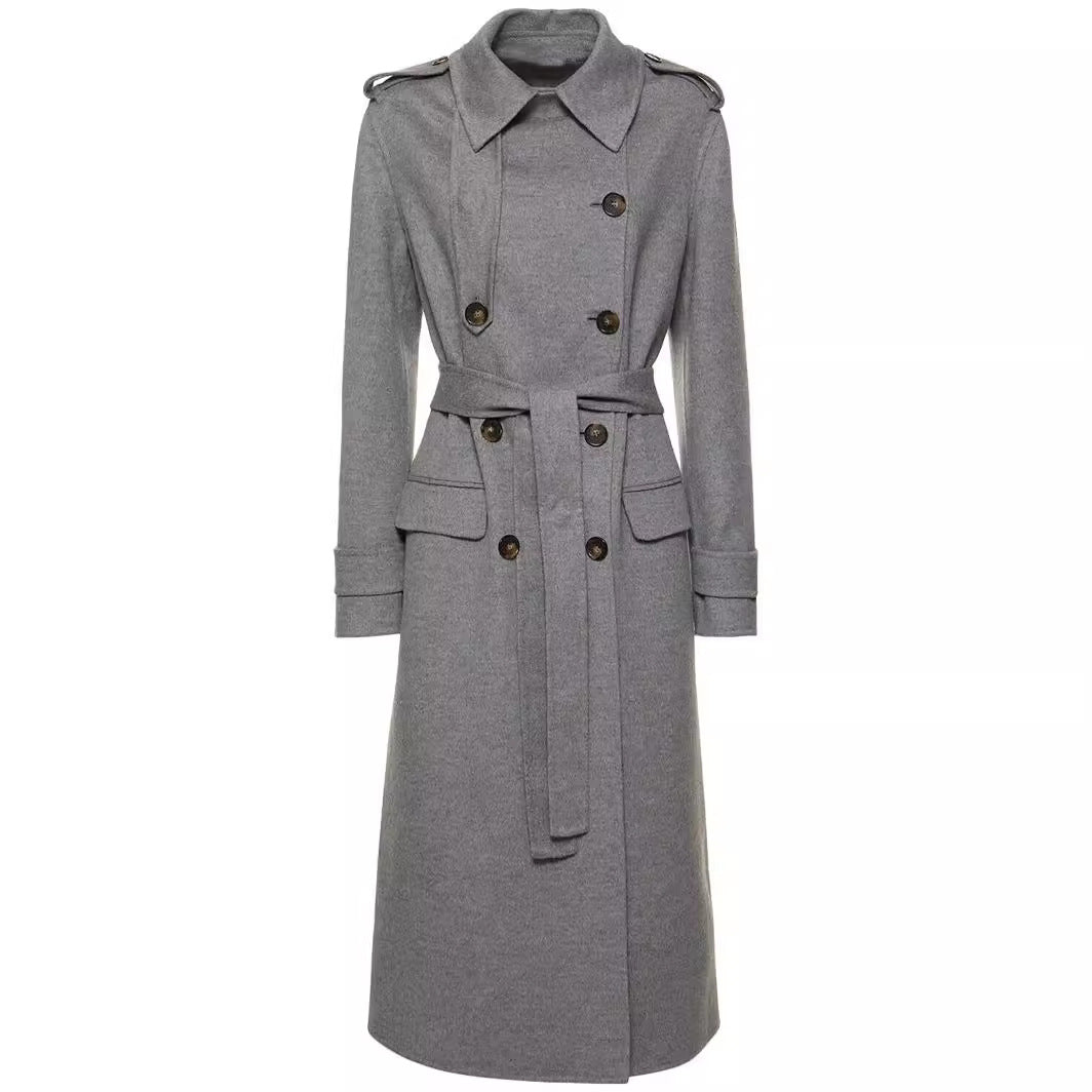 Women Mid-length Tailored Double-breasted Trench Coat made of Wool Blend with Flared Hem Chichicherry