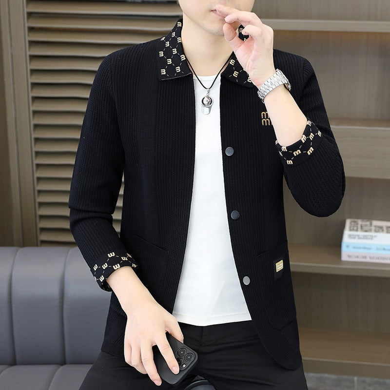Men's Textured Knit Blazer with Patterned Collar and Button Placket Chichicherry