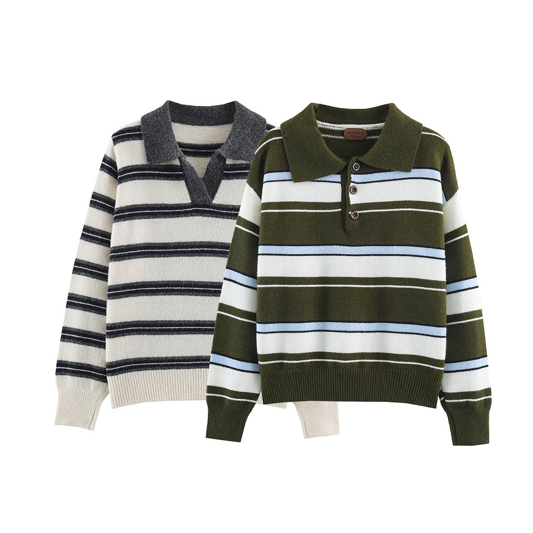 Women's Striped Polo Collar Sweater with Button Placket and Ribbed Cuffs Chichicherry