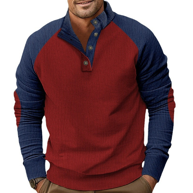 Men's Waffle Structure Henley Pullover with Stand Collar and Button Placket Chichicherry