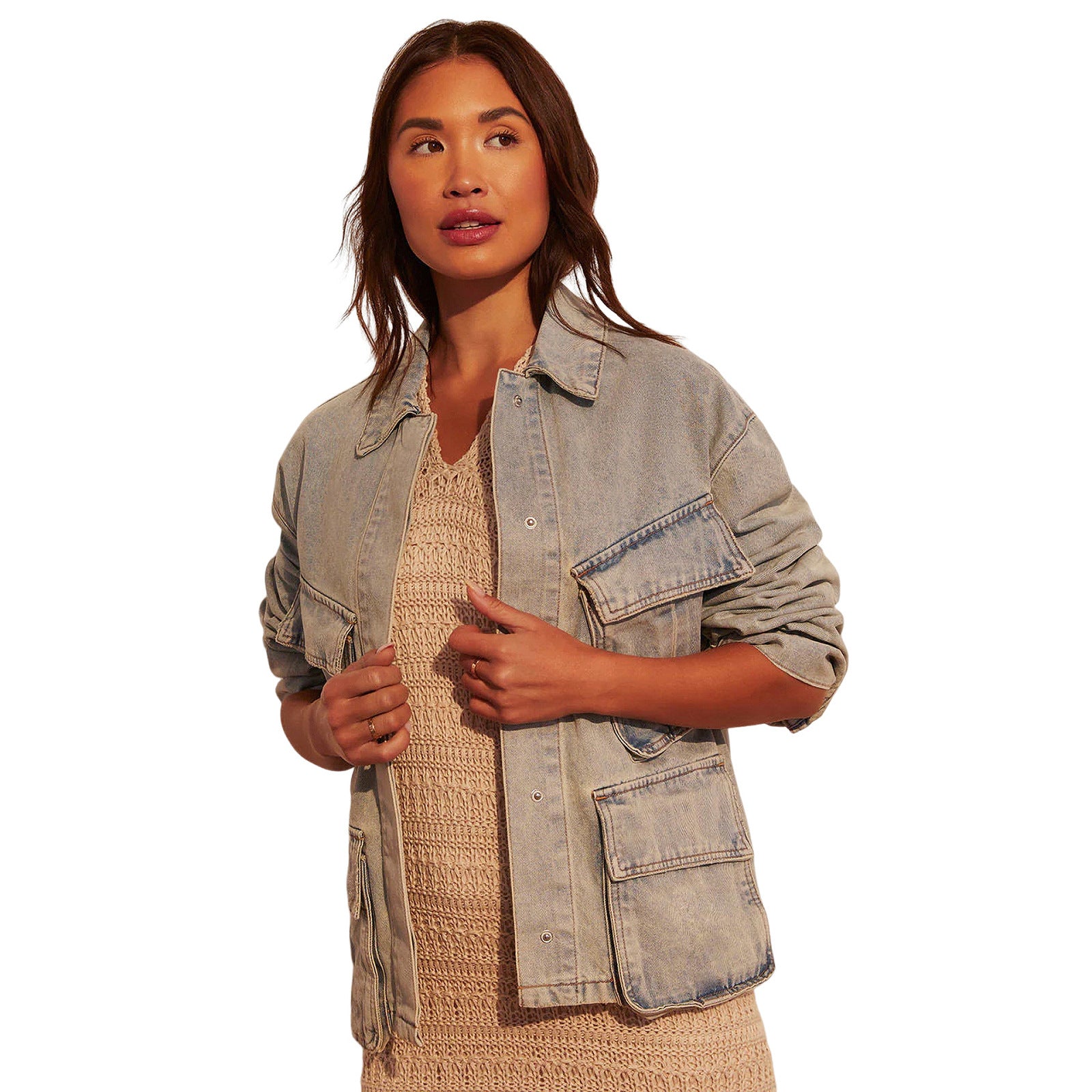 Women Oversize Utility Denim Jacket with Large Flap Pockets and Button-Down Front Chichicherry